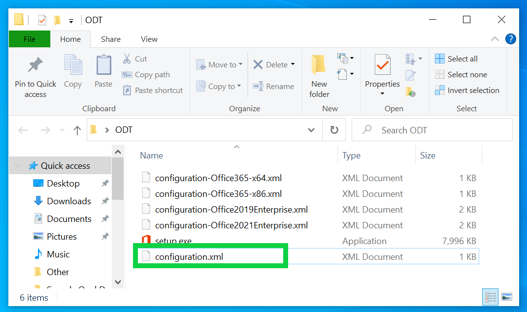 The ODT folder with the configuration file